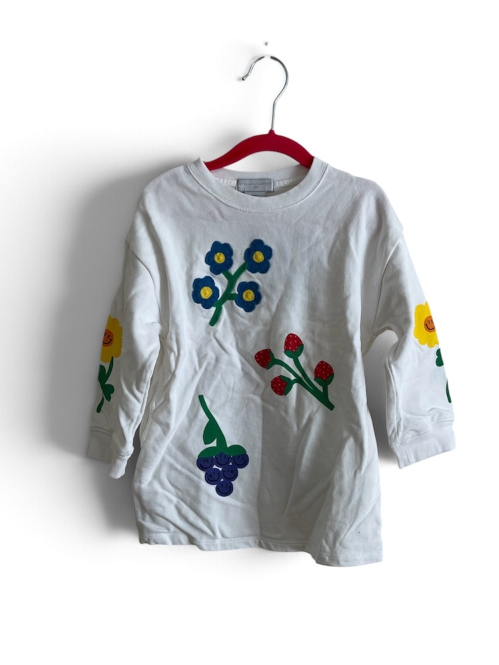 Stella McCartney White Kids Long Sleeve Tee with Colorful Floral & Fruit Motifs